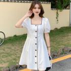 Puff-sleeve Square Neck Single-breasted Mini A-line Dress