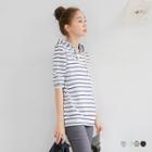 Striped Elbow-sleevehooded Top