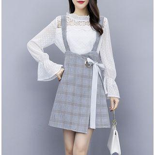Set: Long-sleeve Lace Paneled Blouse / A-line Mini Plaid Suspender Skirt