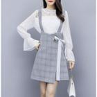 Set: Long-sleeve Lace Paneled Blouse / A-line Mini Plaid Suspender Skirt