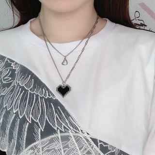 Set: Pixelated Heart Pendant Stainless Steel Necklace + Heart Pendant Stainless Steel Necklace