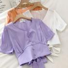 Plain Tie-back Puff-sleeve Blouse