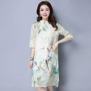 Bird Print Mandarin Collar Elbow Sleeve Dress