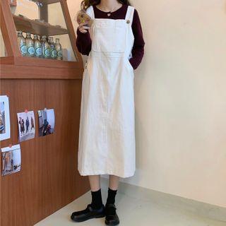 Midi A-line Denim Pinafore Dress White - One Size