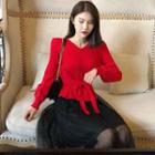 Set: Long-sleeve Tie-waist Knit Top + Midi A-line Mesh Skirt Red & Black - One Size