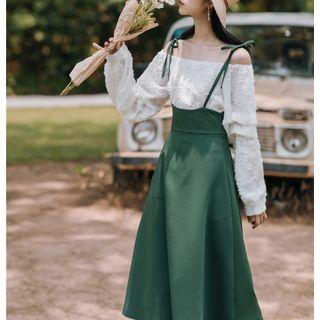 Set: Cold Shoulder Blouse + Suspender Midi A-line Skirt
