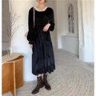 Long-sleeve Lace Trim Midi Shift Dress Black - One Size