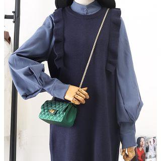 Puff-sleeve Band Collar Shirt / Frill Trim Long Knit Vest