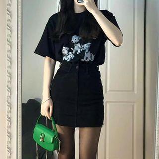 Cartoon Print T-shirt / Denim Mini Pencil Skirt