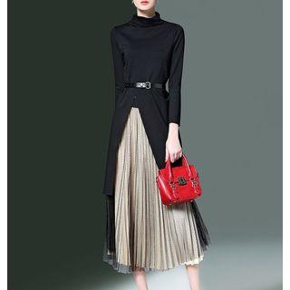 Set: Mock Turtleneck Long-sleeve Slit Top + Midi Accordion Pleat Skirt