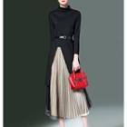 Set: Mock Turtleneck Long-sleeve Slit Top + Midi Accordion Pleat Skirt