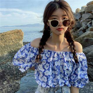 Short-sleeve Off-shoulder Floral Print Top Blue - One Size