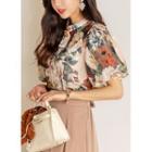 Pintuck Laced Puff-sleeve Floral Blouse Beige - One Size