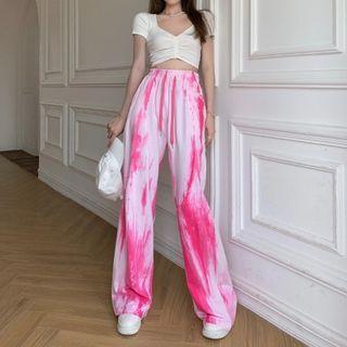 High-waist Tie-dye Wide-leg Pants Pink - One Size