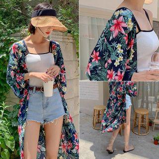 Tropical-printed Silky Robe Cardigan