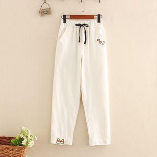 Dog Embroidered Drawstring Straight Leg Pants