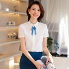 Short-sleeve Stand Collar Blouse / Mini Pencil Skirt / Set