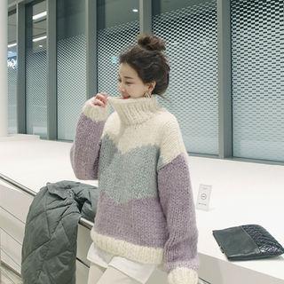 Turtle-neck Color-block Wool Blend Knit Top Purple - One Size