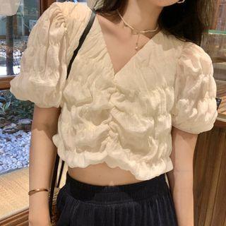 Puff-sleeve V-neck Ruched Cropped Top