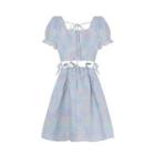 Puff-sleeve Mock Two-piece Leaf Print Mini A-line Dress