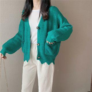 Long-sleeve Plain Top / Frill Trim Knit Cardigan / High-waist Plain Pants