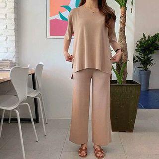 Set: V-neck Dip-back Knit Top + Wide-leg Pants