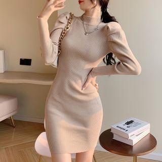Puff-sleeve Mock-neck Knit Mini Bodycon Dress