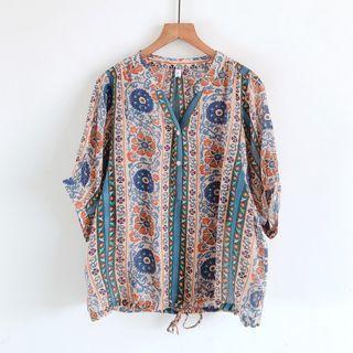 V-neck Patterned Lace-up Shirt Blue & Orange - One Size