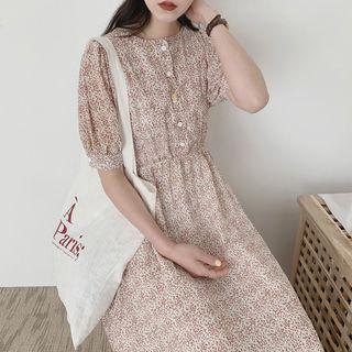 Short-sleeve Floral Print Buttoned A-line Midi Dress
