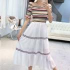 Striped Off-shoulder A-line Midi Chiffon Dress