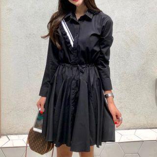 Long-sleeve Contrast Trim Mini Shirtdress Black - One Size