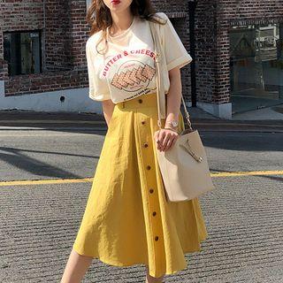 Short-sleeve Printed T-shirt / Midi A-line Skirt / Set