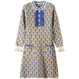 Long-sleeve Patterned A-line Dress Blue & Yellow - One Size