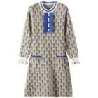 Long-sleeve Patterned A-line Dress Blue & Yellow - One Size