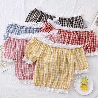 Boatneck Lace-trim Checker Crop Top In 5 Colors