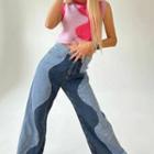 High-waist Color-block Paneled Wide-leg Jeans
