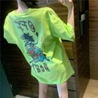 Elbow-sleeve Graphic Print T-shirt Neon Green - One Size