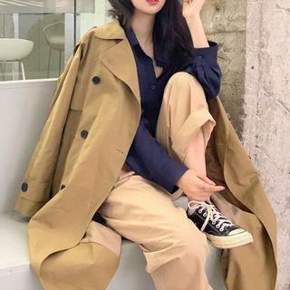 Double-breasted Midi Trench Coat / Plain Shirt / Wide-leg Pants