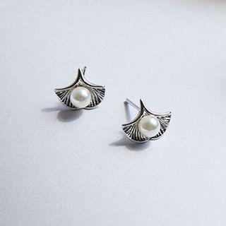 Faux Pearl & Alloy Leaf Earring 1 Pair - 925 Silver Ear Studs - As Shown In Figure - One Size