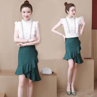 Set: Ruffled Sleeveless Top + Ruffle Hem Mini Pencil Skirt