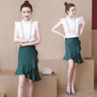 Set: Ruffled Sleeveless Top + Ruffle Hem Mini Pencil Skirt