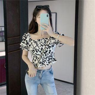 Short-sleeve Printed Smocked Blouse As Shown In Figure - One Size