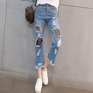Mesh Panel Distressed Cropped Jeans