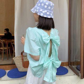 Plain Bow-back Short-sleeve Blouse