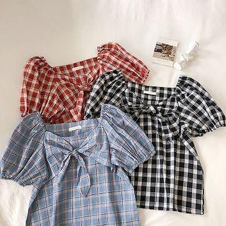 Plaid Lace-up Short-sleeve Blouse