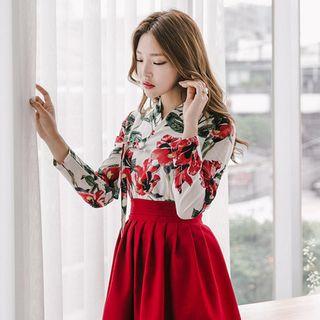 Modern Hanbok Set: Long-sleeve Top (floral) + Midi Skirt (burgundy)