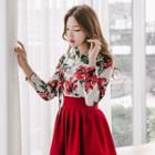 Modern Hanbok Set: Long-sleeve Top (floral) + Midi Skirt (burgundy)