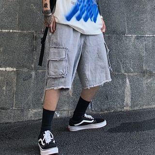 Distressed Wide Leg Cargo Denim Shorts