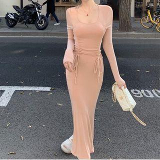 Long-sleeve Round-neck Ruched Dress