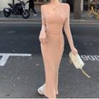 Long-sleeve Round-neck Ruched Dress